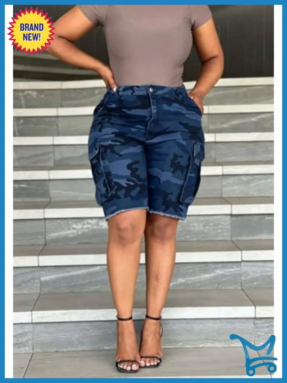 High Waisted Camo Cargo Bermuda Shorts - Wide Leg Stretchy Denim Jorts
